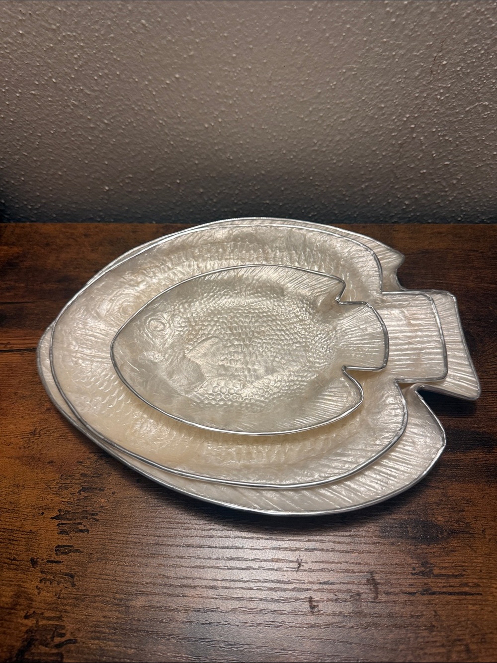 Vintage mother-of-pearl Fish-Shaped Dishes Set of 3 in Silver-White Finish